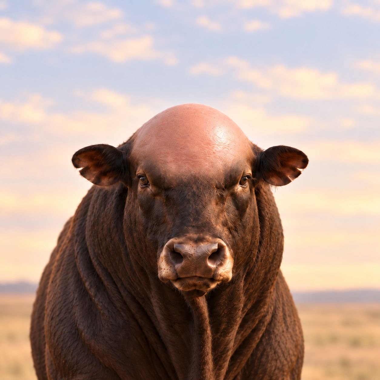 The bald bull, mascot of $BULLWIFOUT, staring down the camera at sunset